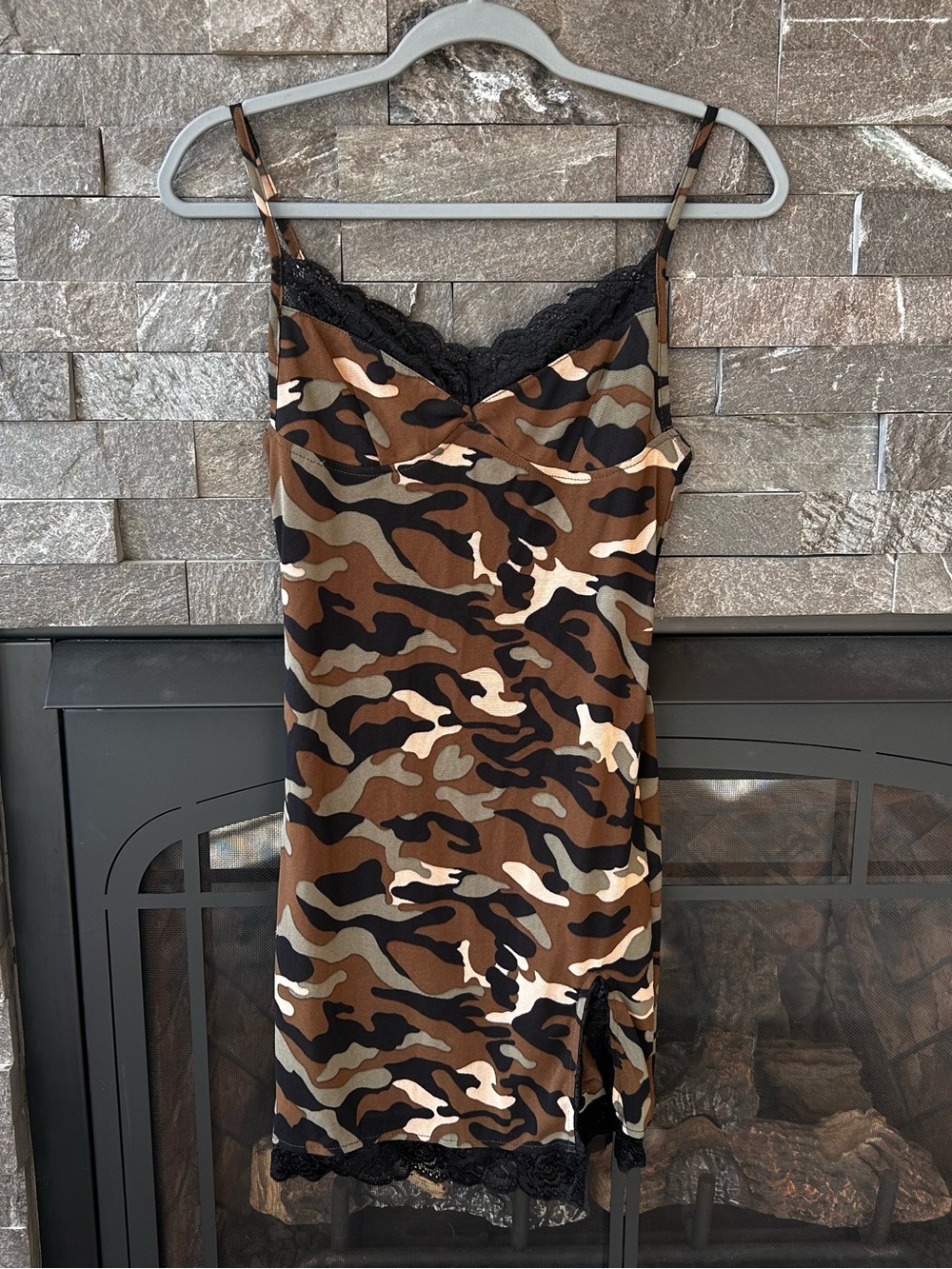 Olivaceous Lace Trim Camo Mini Dress